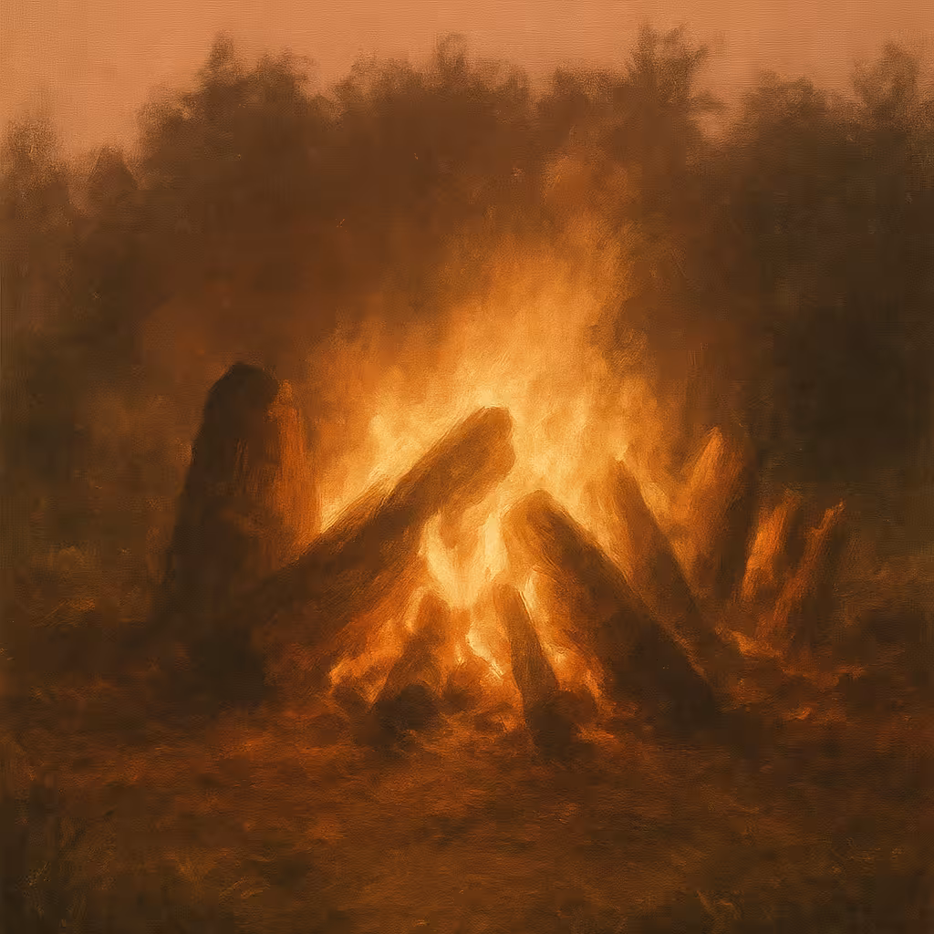A campfire at dusk