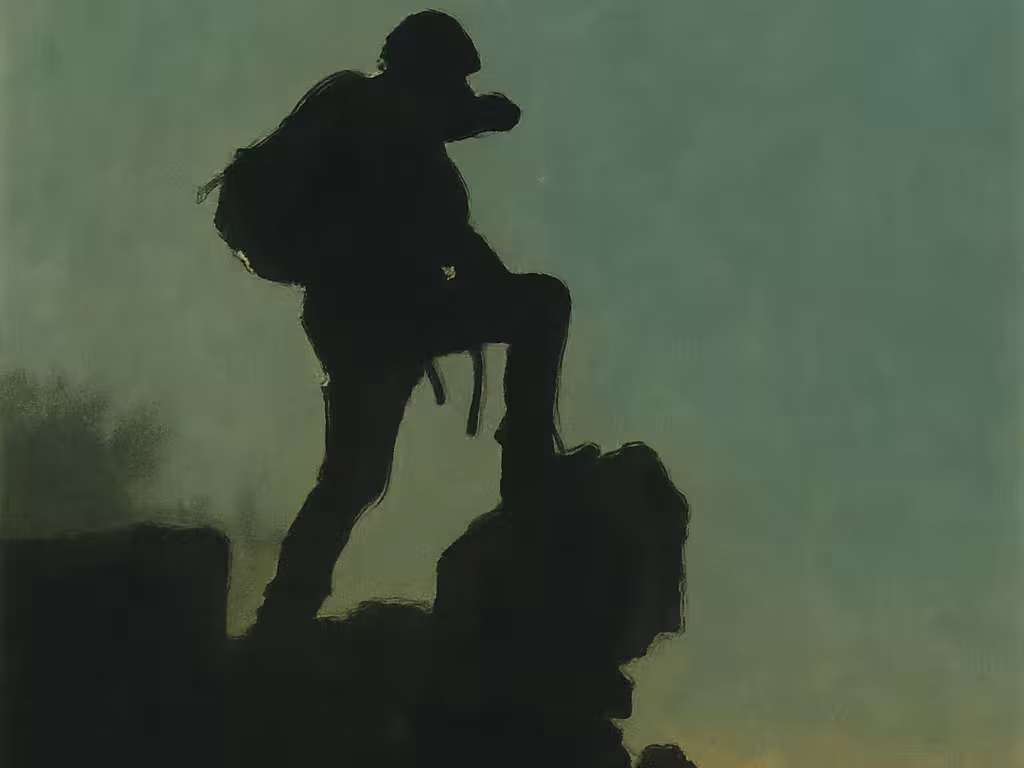 A hiker climbing a ridge at dawn