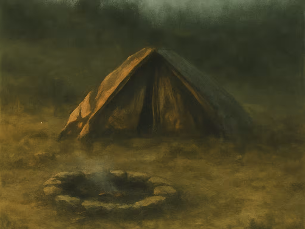 A tent in a quiet field at dusk