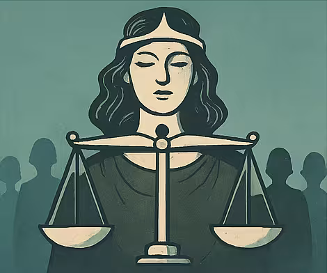 A figure holding balanced scales — fairness, equity and justice