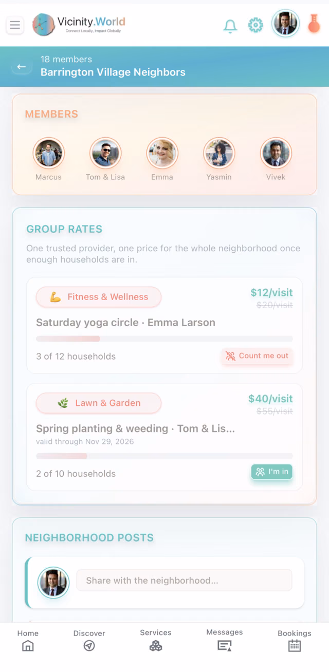 Group rates on a neighborhood page in the app: a group price against the regular price, households signed up, and I’m in