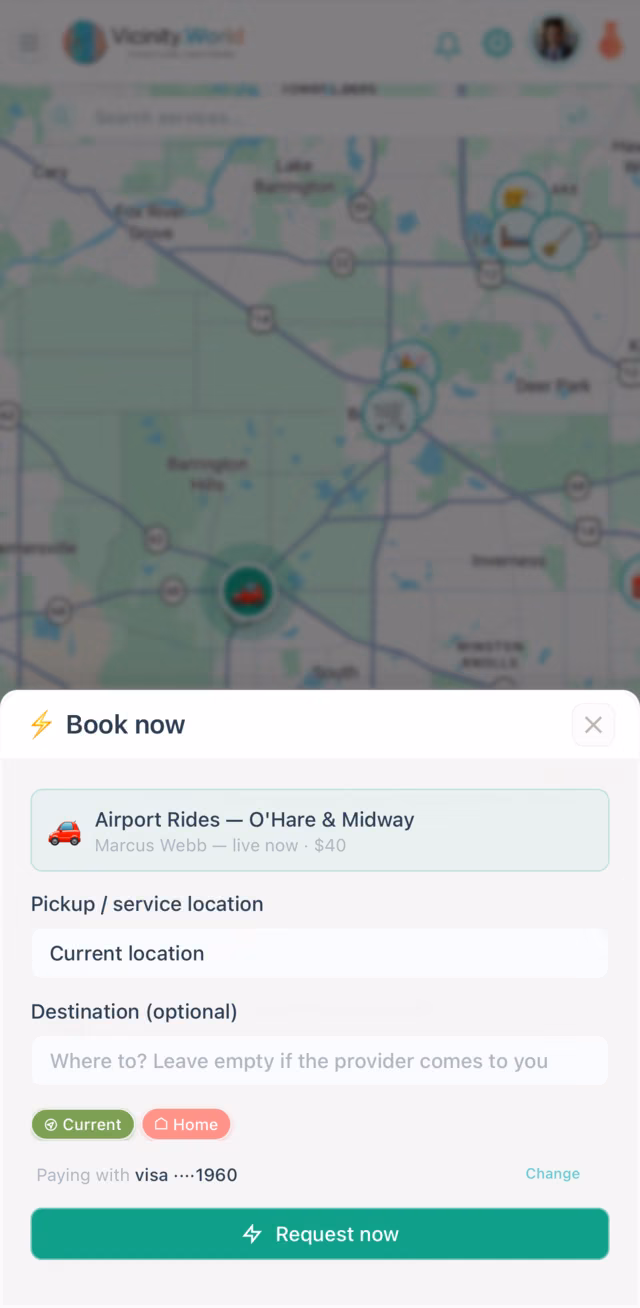The Book now sheet in the app: an airport ride, pickup location and Request now