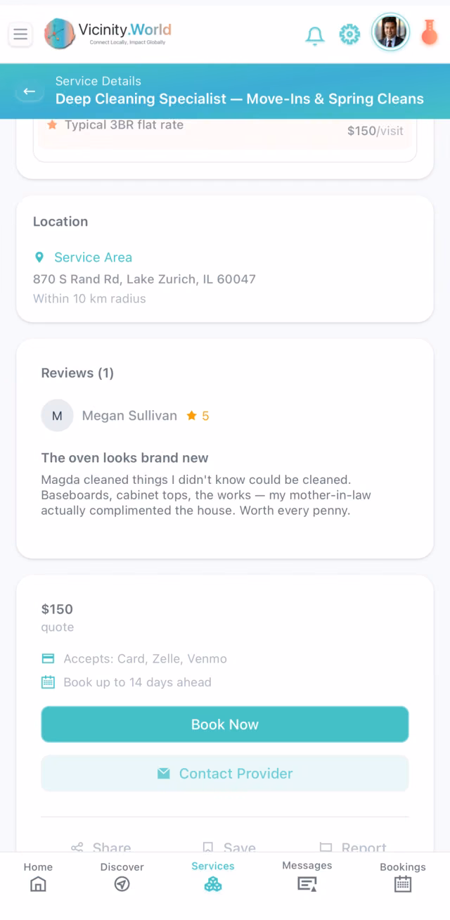 A listing in the app showing its service-area address before booking