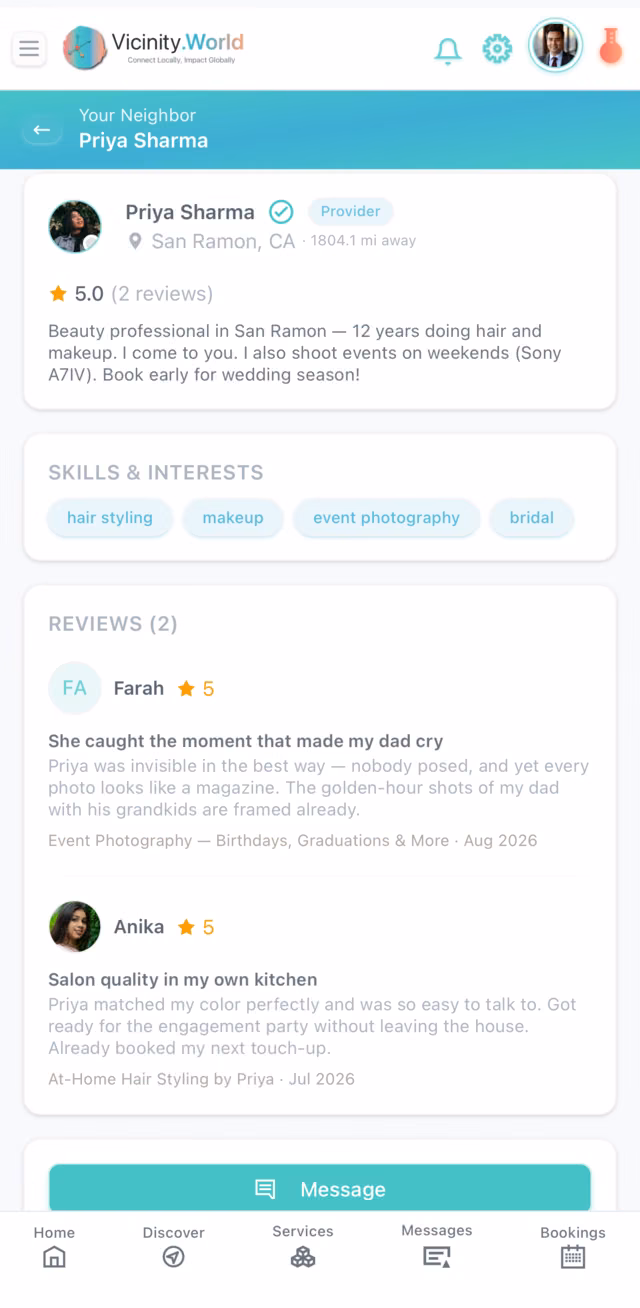 A provider’s profile in the app: name, rating, and reviews from neighbors