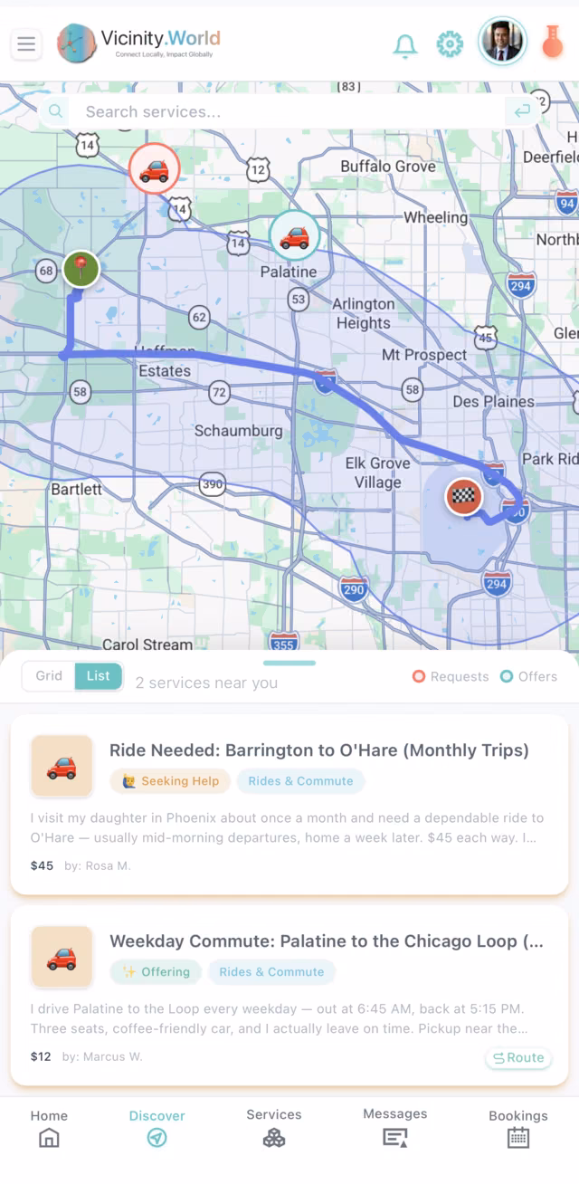 Route search in the app: a drive to O’Hare with a ride request and a commute offer along it