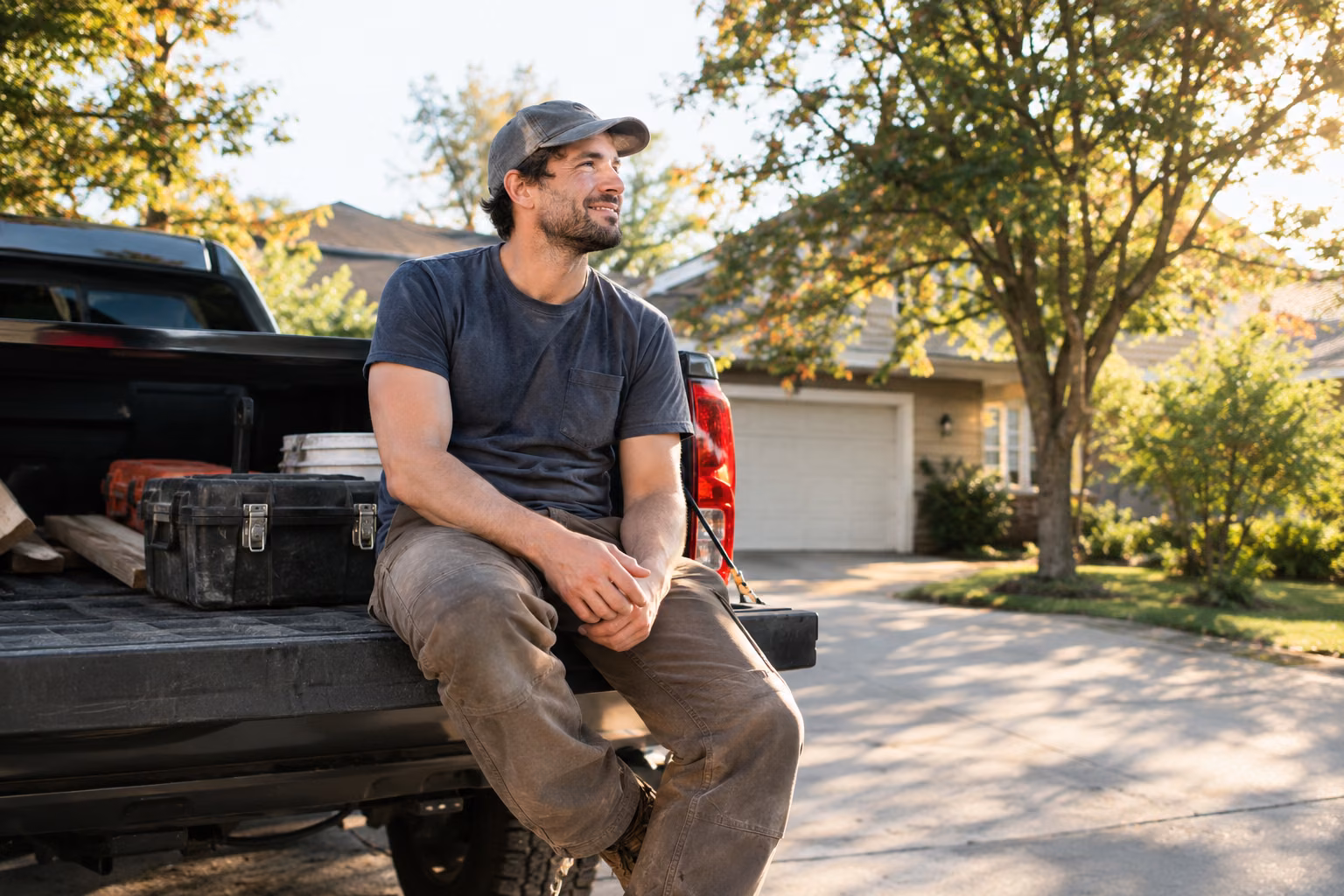 A provider in a work cap sits on the tailgate of his pickup in a sunny residential driveway, a toolbox beside him
